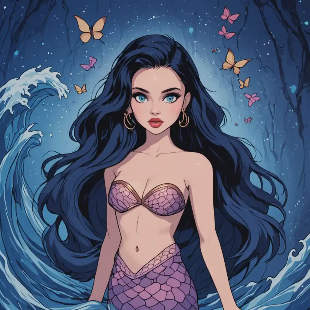 Stylized mermaid with flowing hair and swirling fish tail