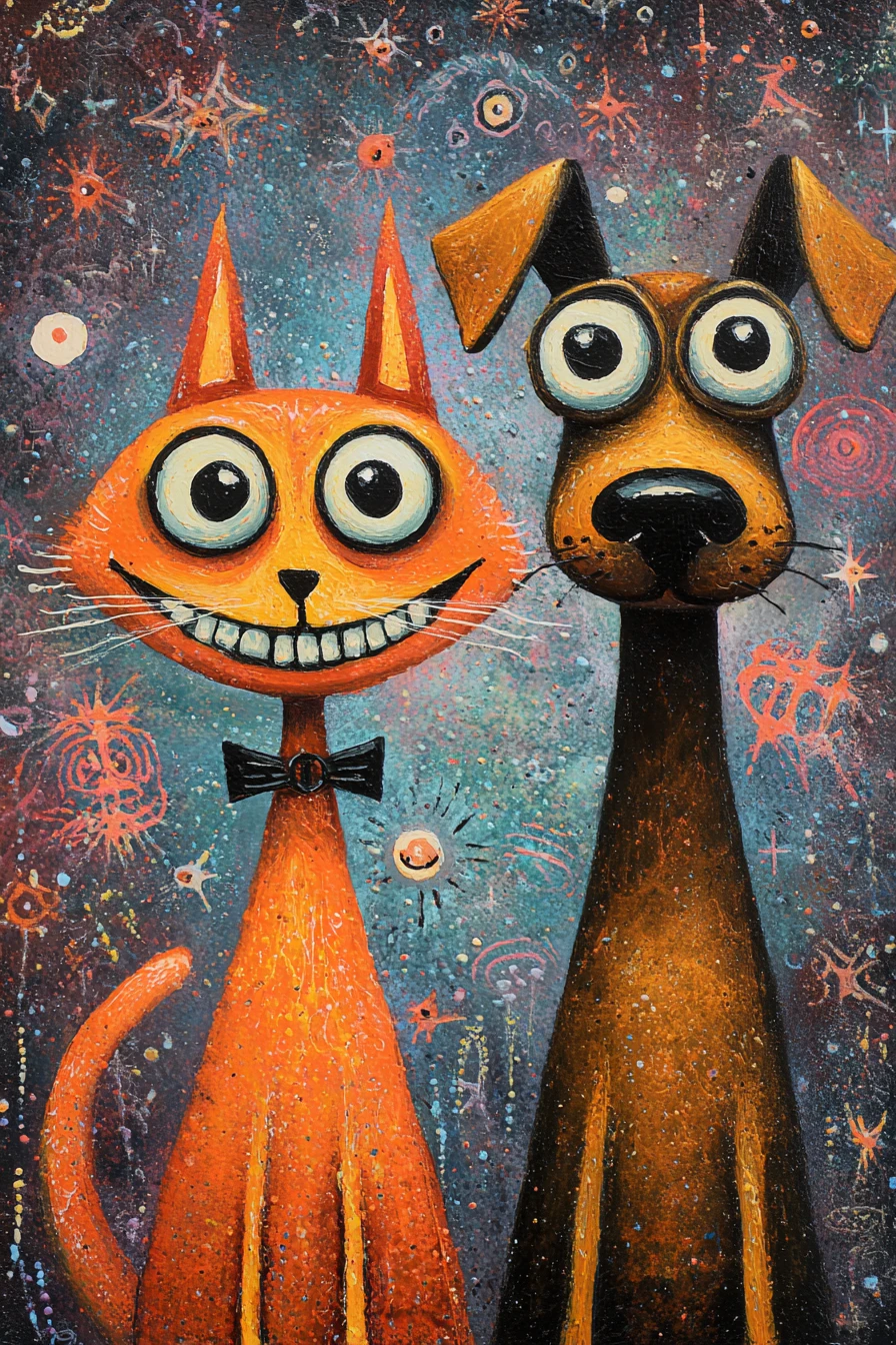 Whimsical orange cat and dog in starry fantasy scene