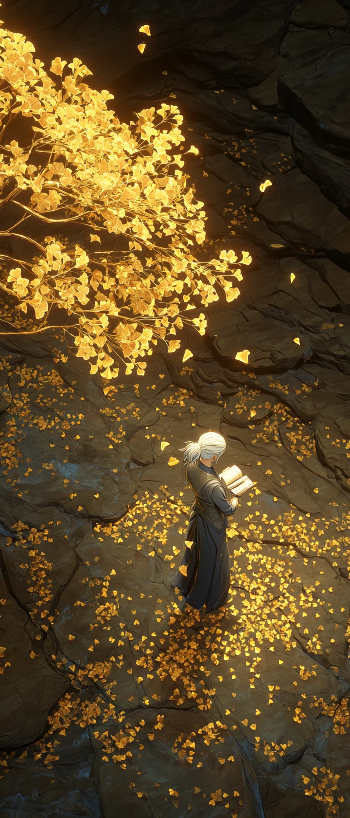 Woman reading beneath a glowing golden tree in a cave