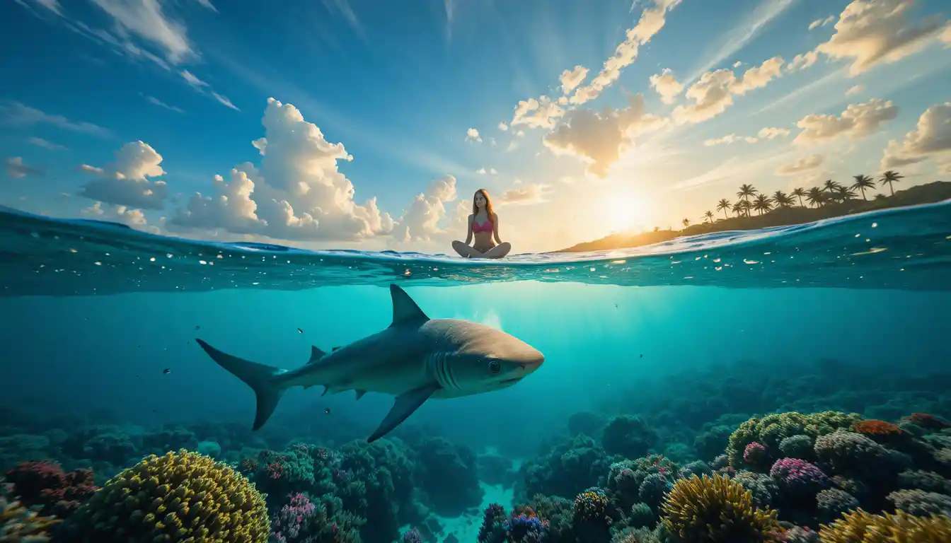 Vista divisa cinematografica di uno squalo tropicale e cielo al tramonto