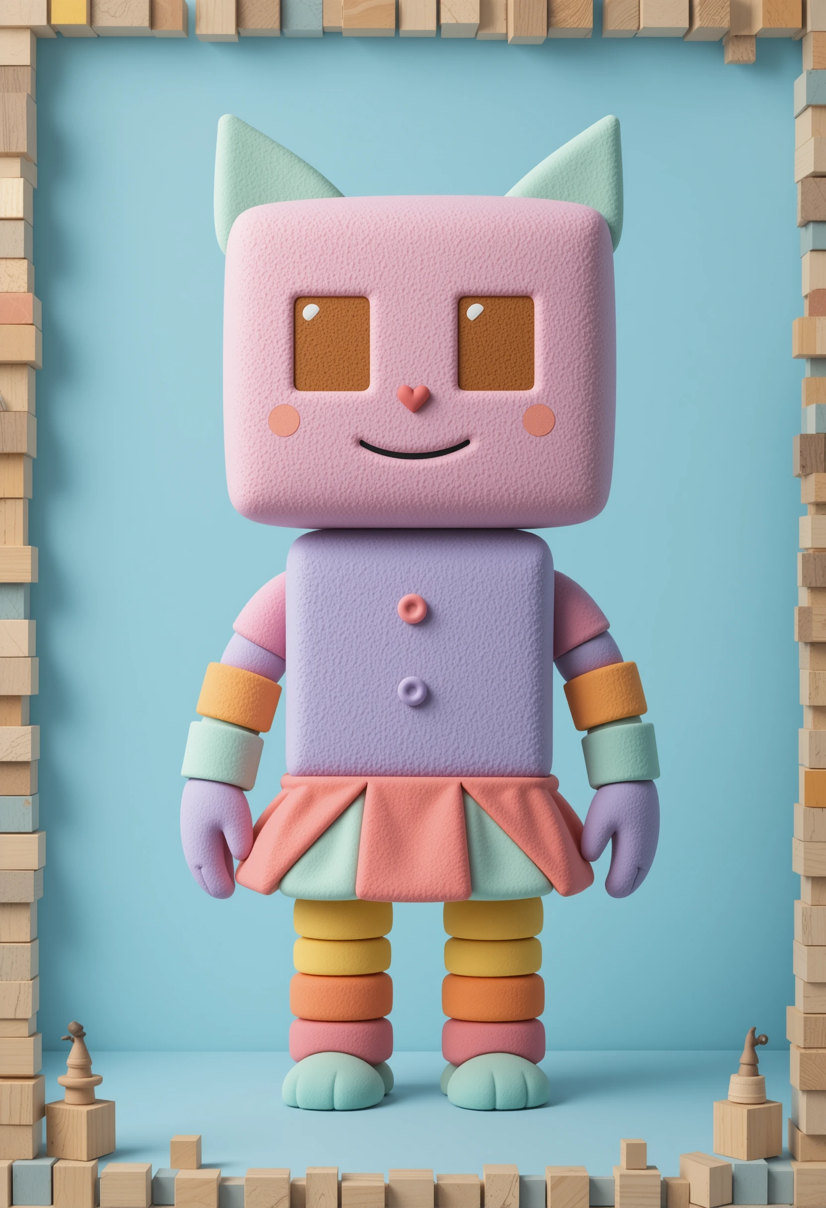 柔らかな青いおもちゃブロック枠に立つ幾何学プラッシュのカートゥーンキャラクター