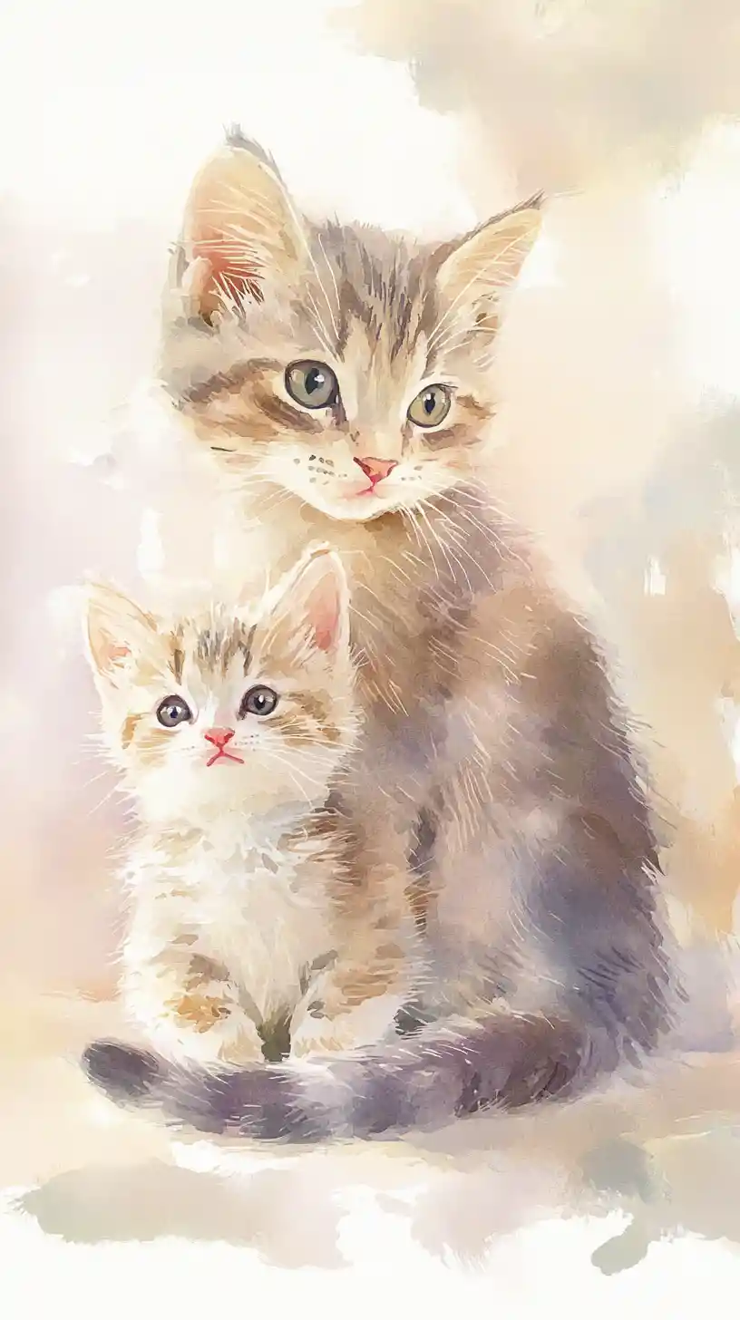 Watercolor mother cat and kitten in a cozy room