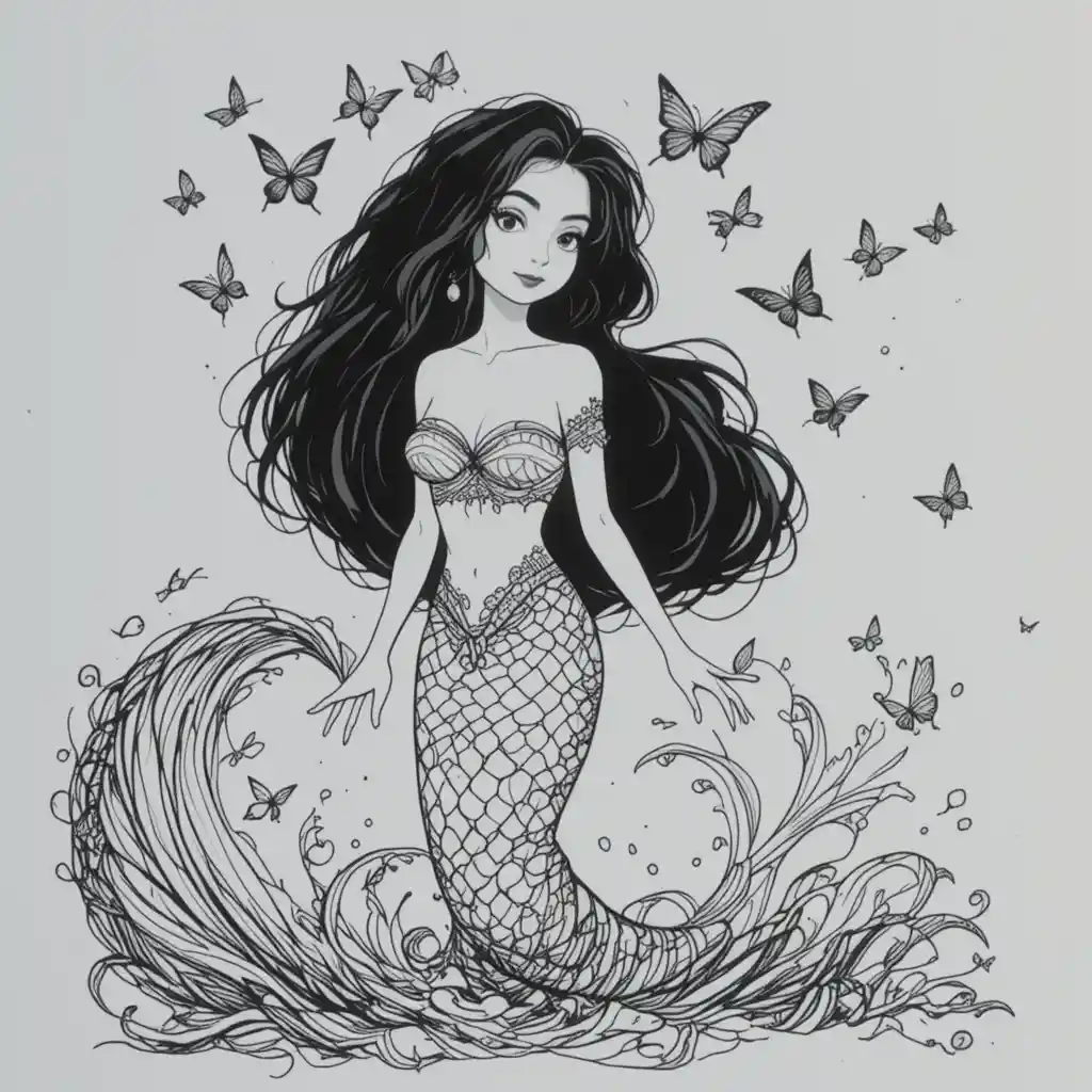 Disegno stilizzato di sirena con capelli fluenti e farfalle
