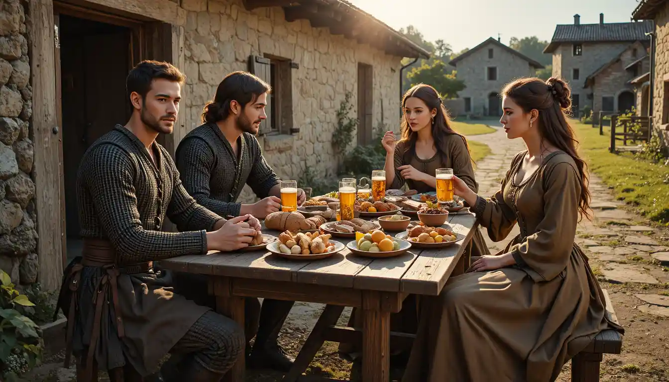 Medieval reenactors sharing food at a rustic village table