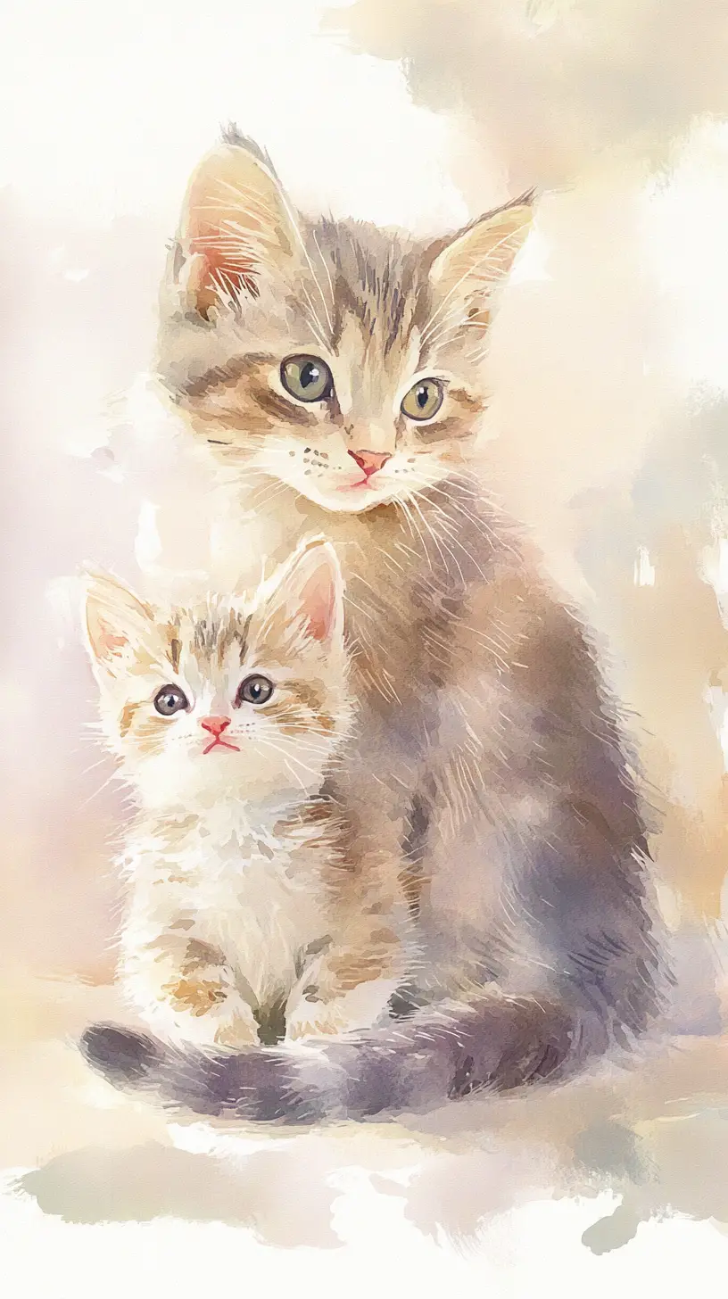Watercolor mother cat and kitten in a cozy room