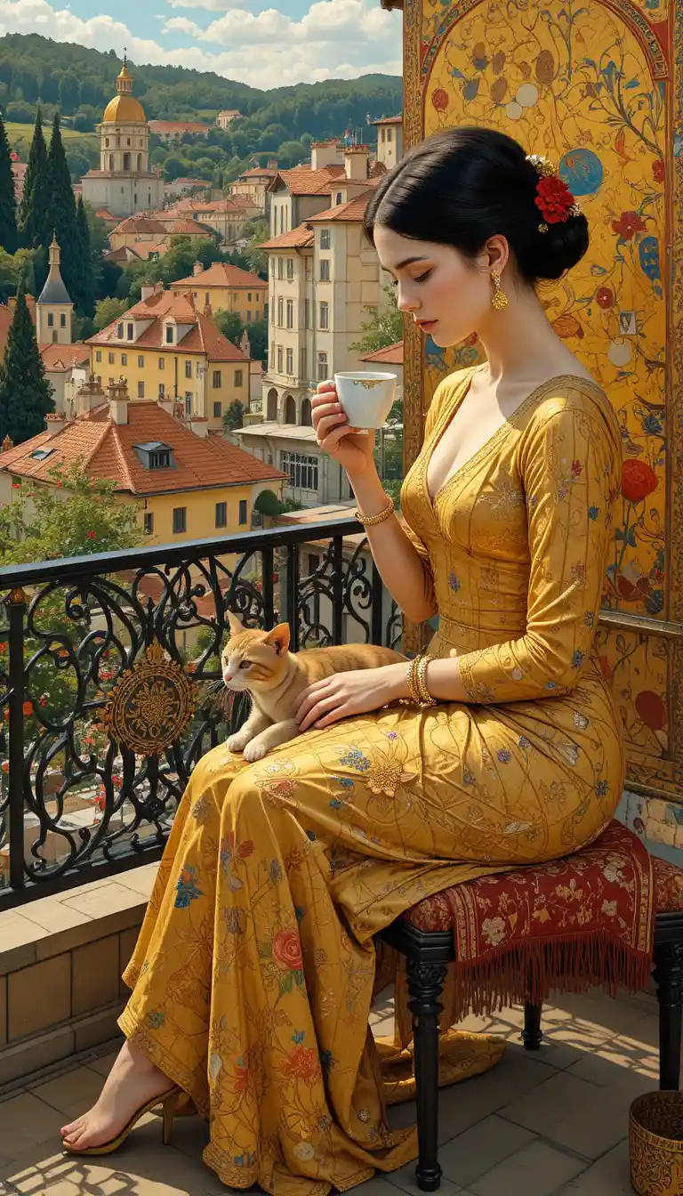 Donna elegante con gatto addormentato su una terrazza dorata