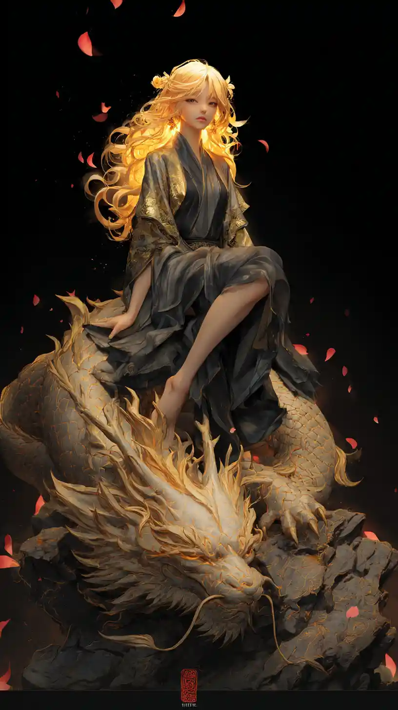 Prophetisches Feuer-Mädchen auf dem Kopf eines gefallenen Drachen
