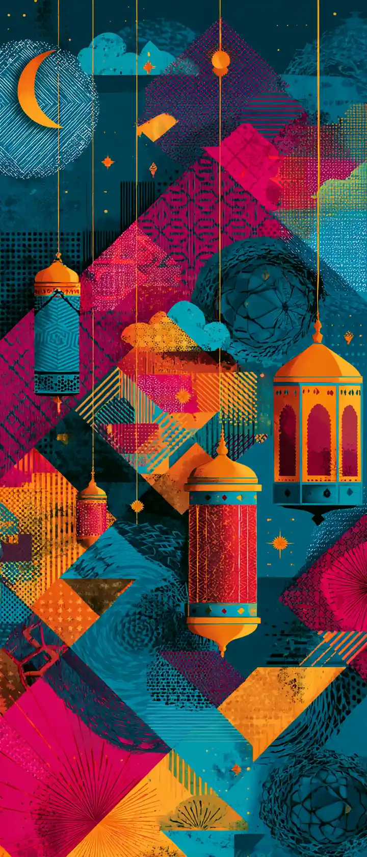 Colorful eid card with geometric patterns and lanterns