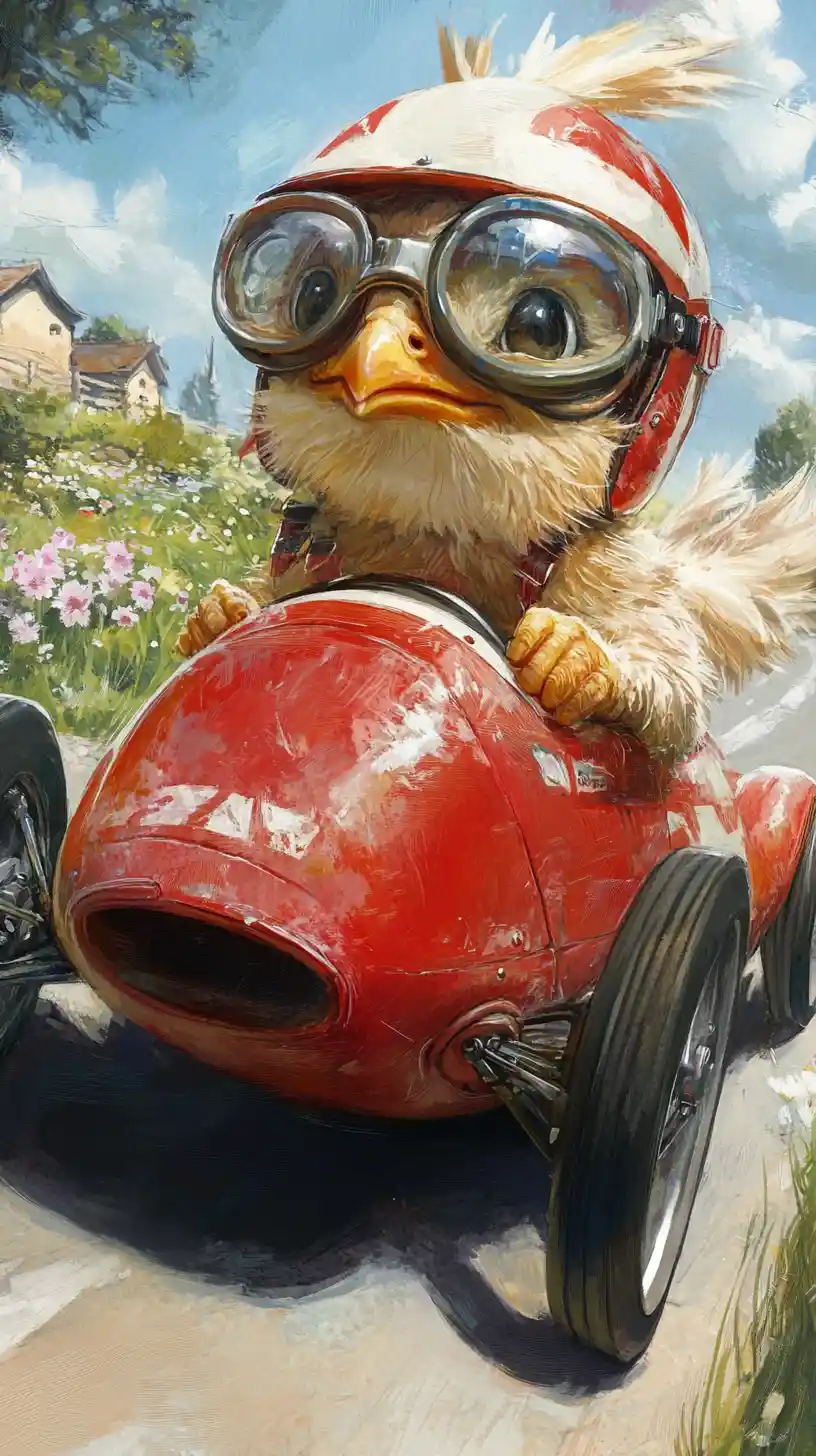 Cheerful Chick Racing In A Red Vintage Car Illustration
