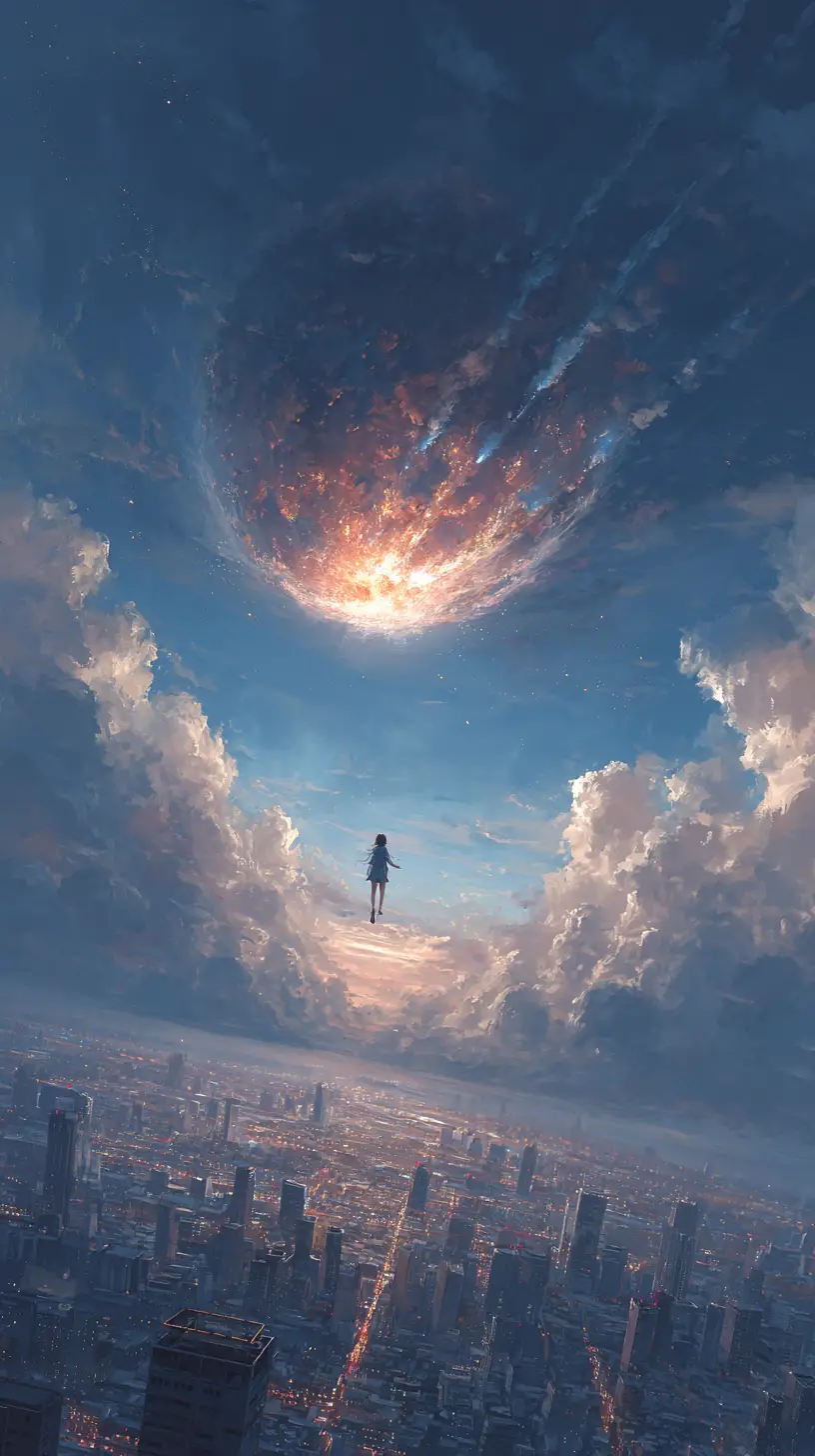 Woman hovering above a city summoning a falling meteorite