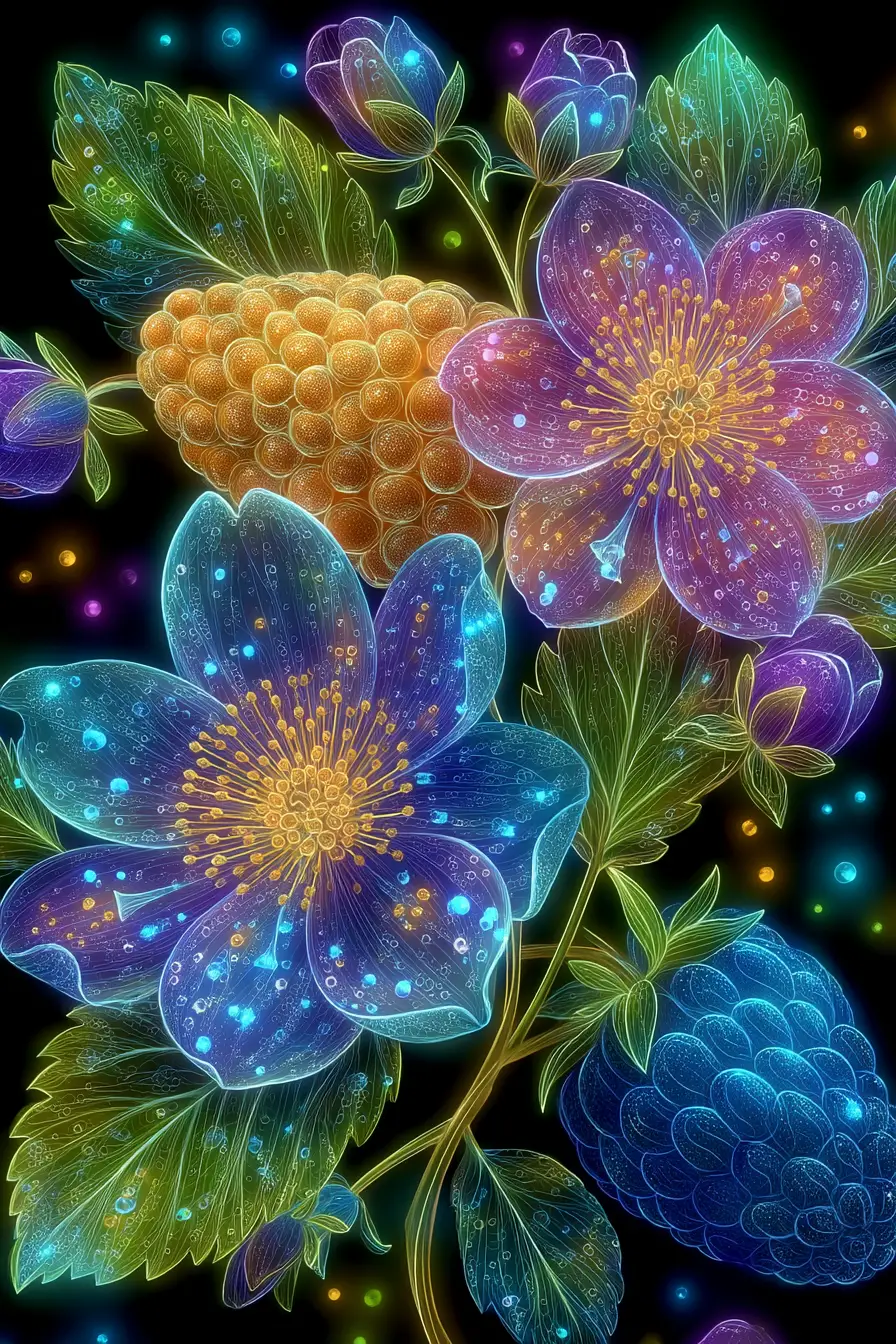 Bioluminescent still life of flowers and fruits on black