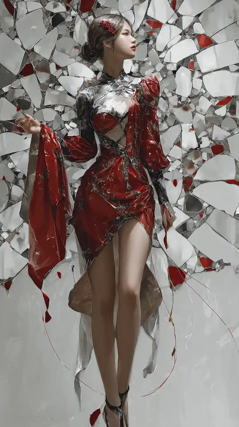 Elegant female figure shaped from blood and mirrors