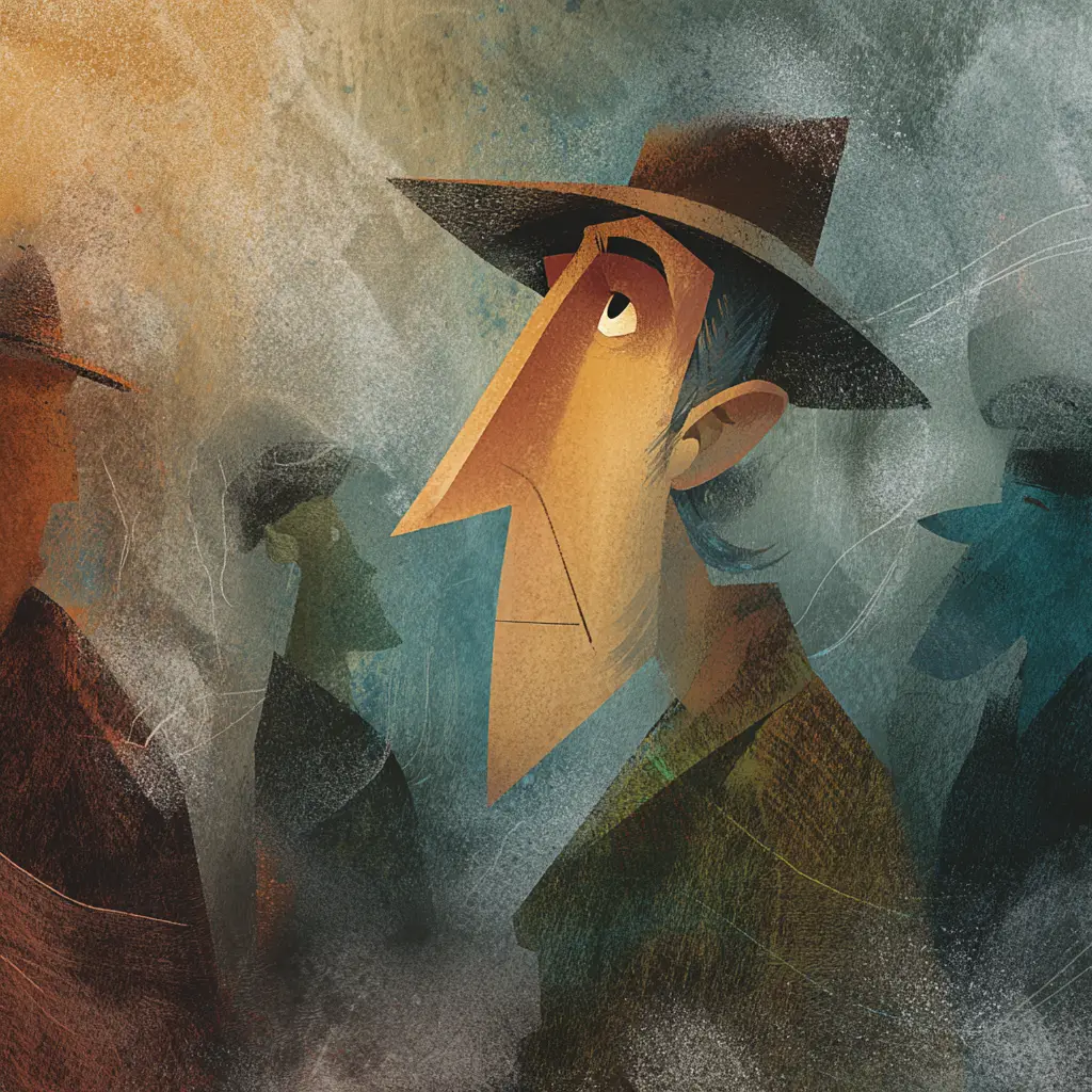 Surreal portrait of an old fisherman in mist and crayons