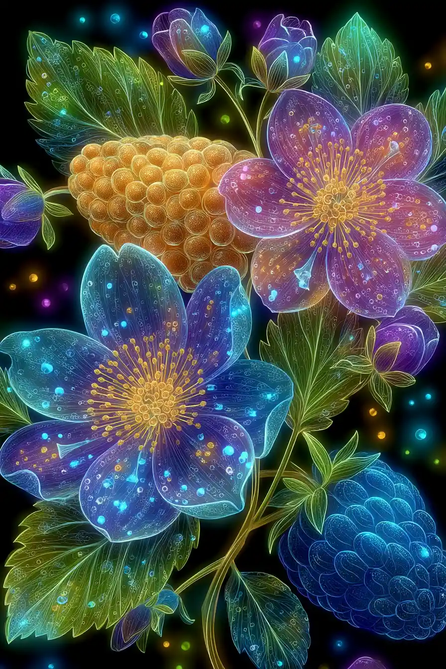 Natura morta bioluminescente con fiori e frutti su sfondo nero