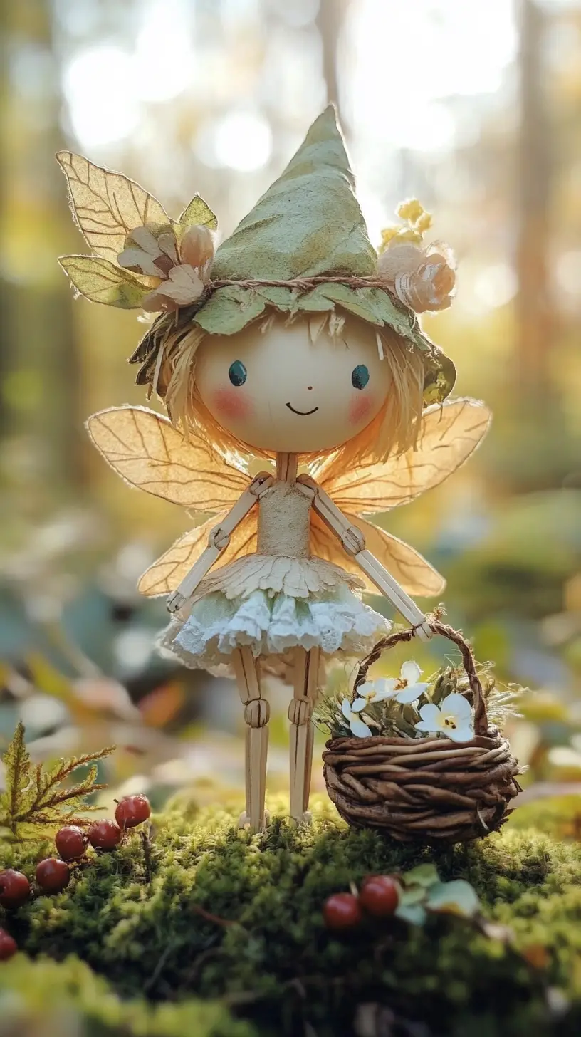 Whimsical watercolor fairy doll in a sunlit forest