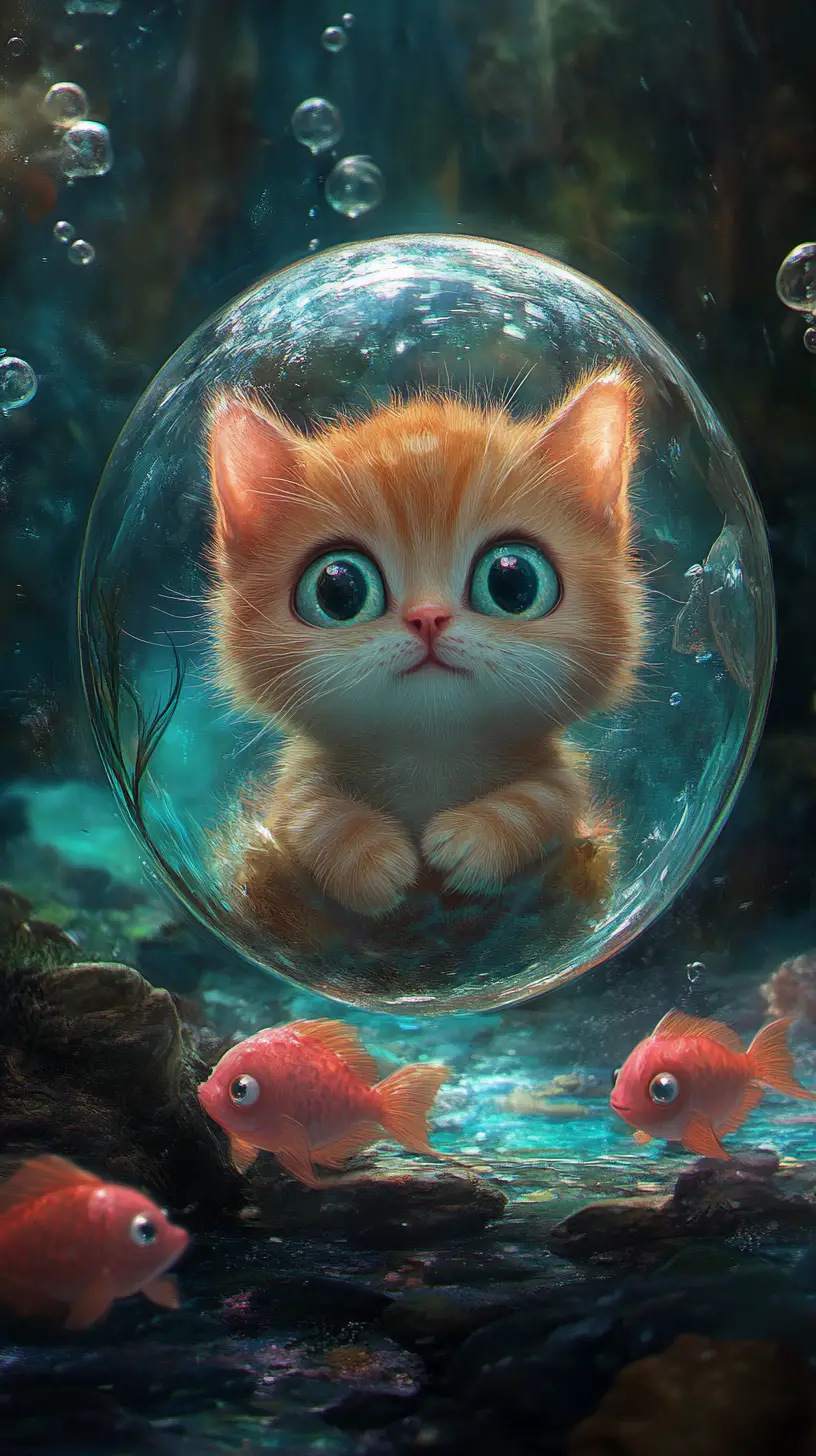 Ginger kitten in a glowing underwater bubble with pink fish