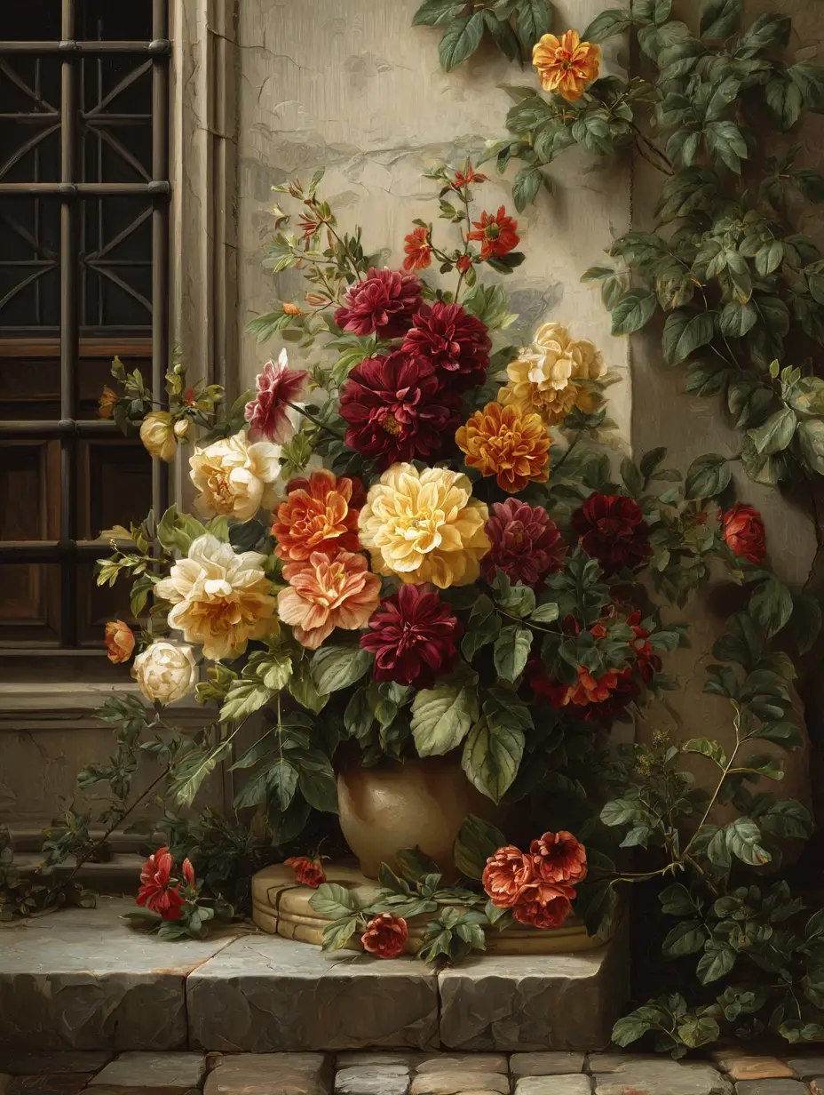 Serene Scandinavian Street Flowers In Classic Oil Painting