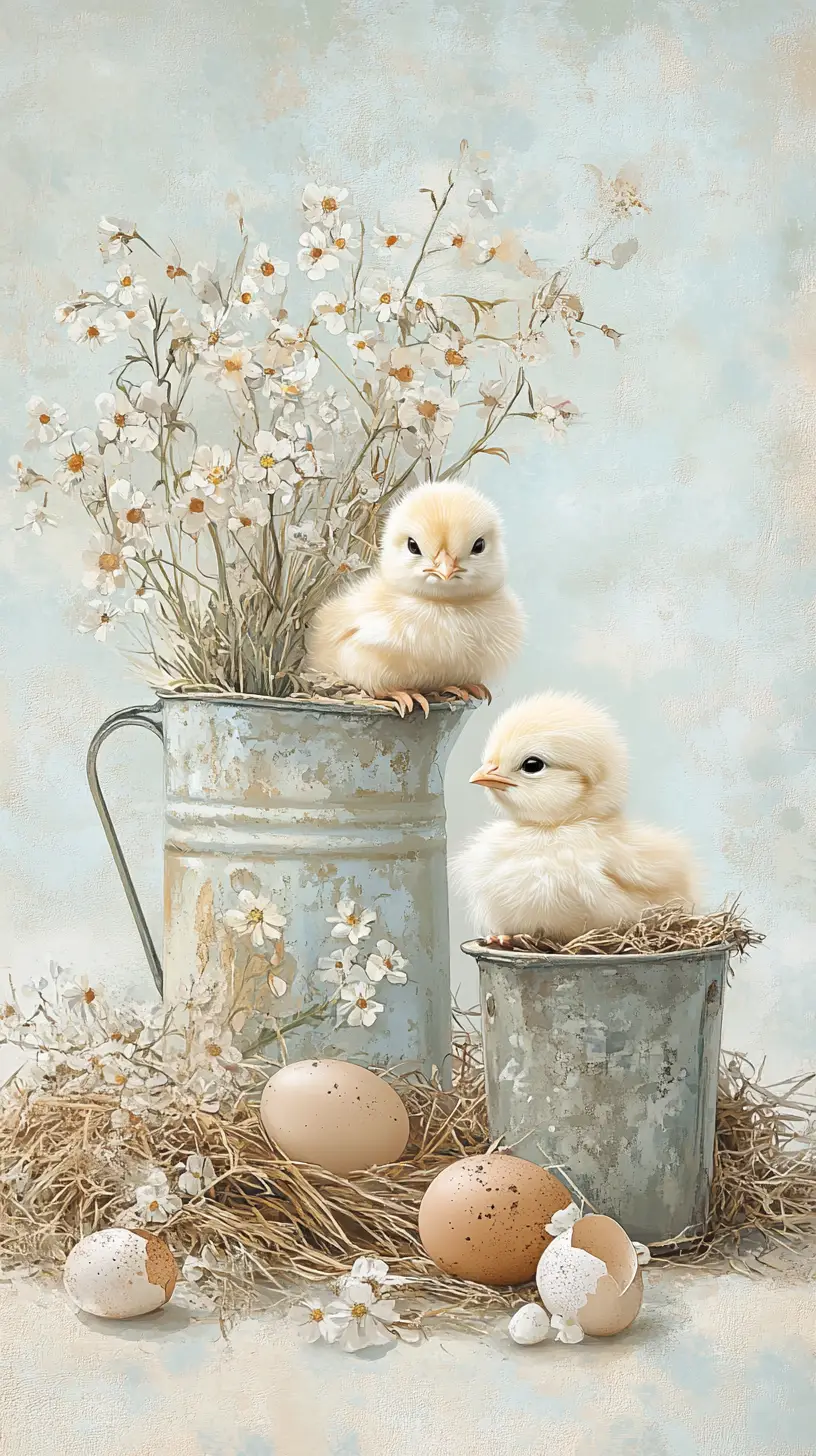 Vintage chicks among wildflowers and rustic spring decor