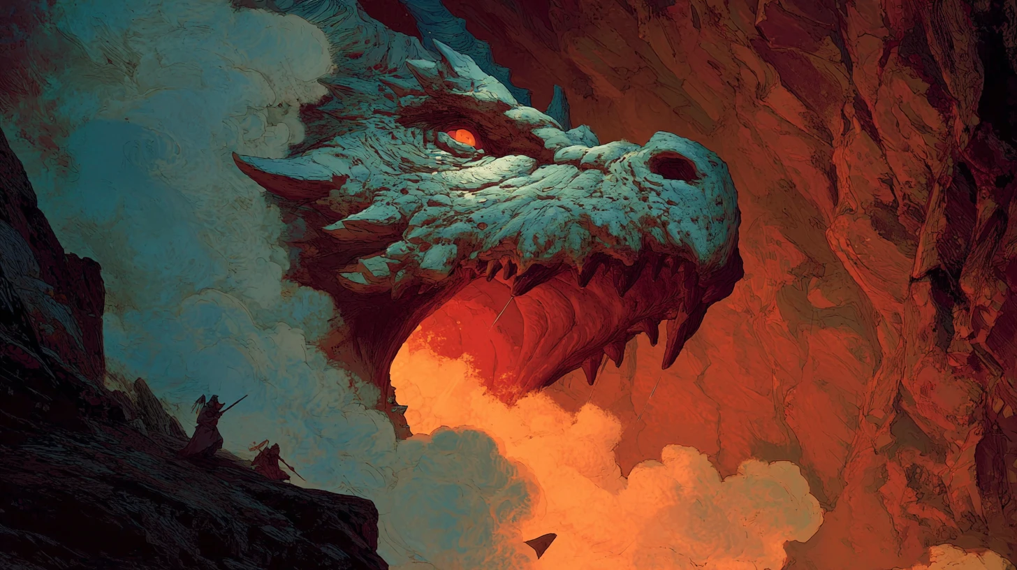 Tête de dragon antique surgissant d’une grotte vers des chasseurs