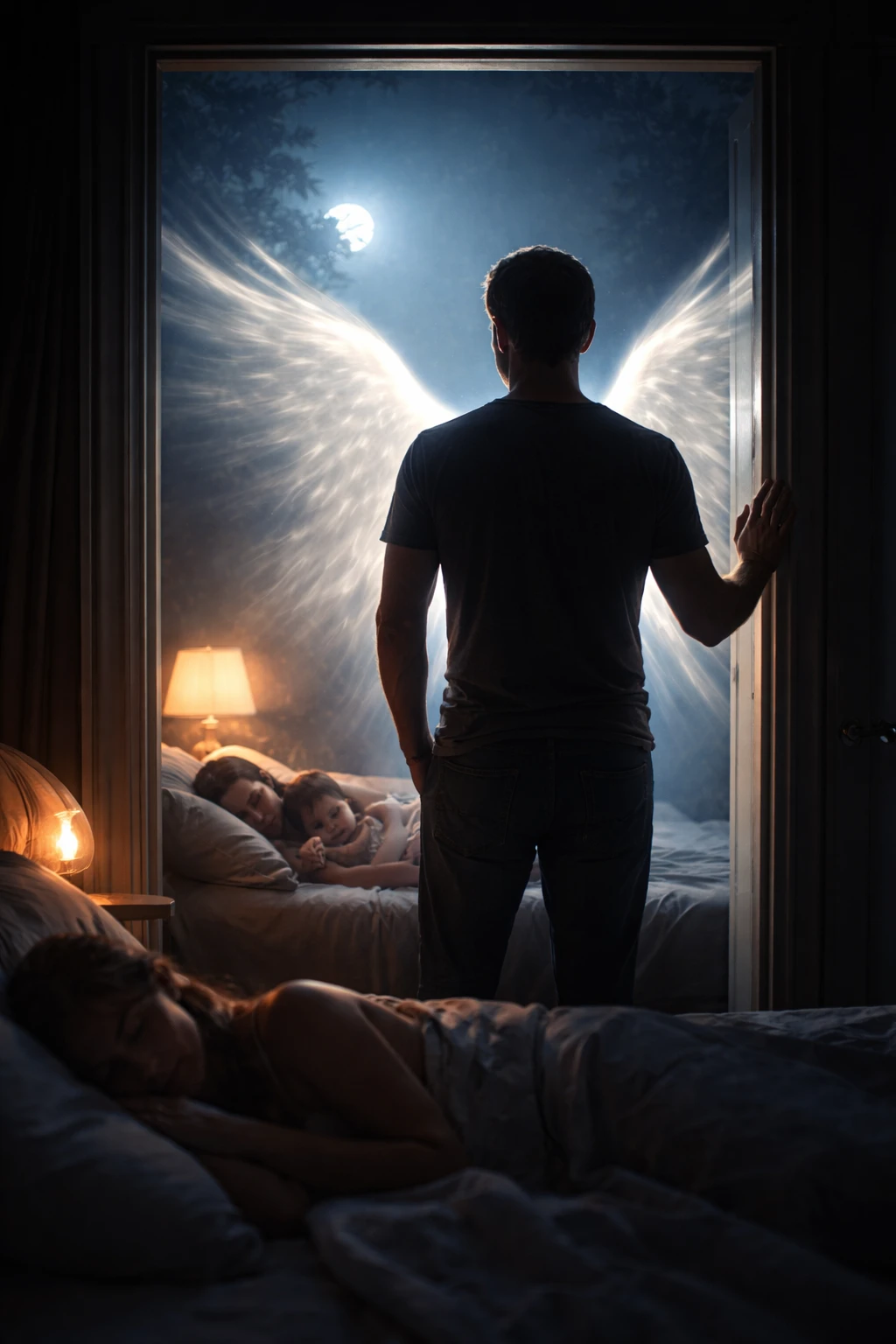 Homem na porta ao luar observando sua família dormindo
