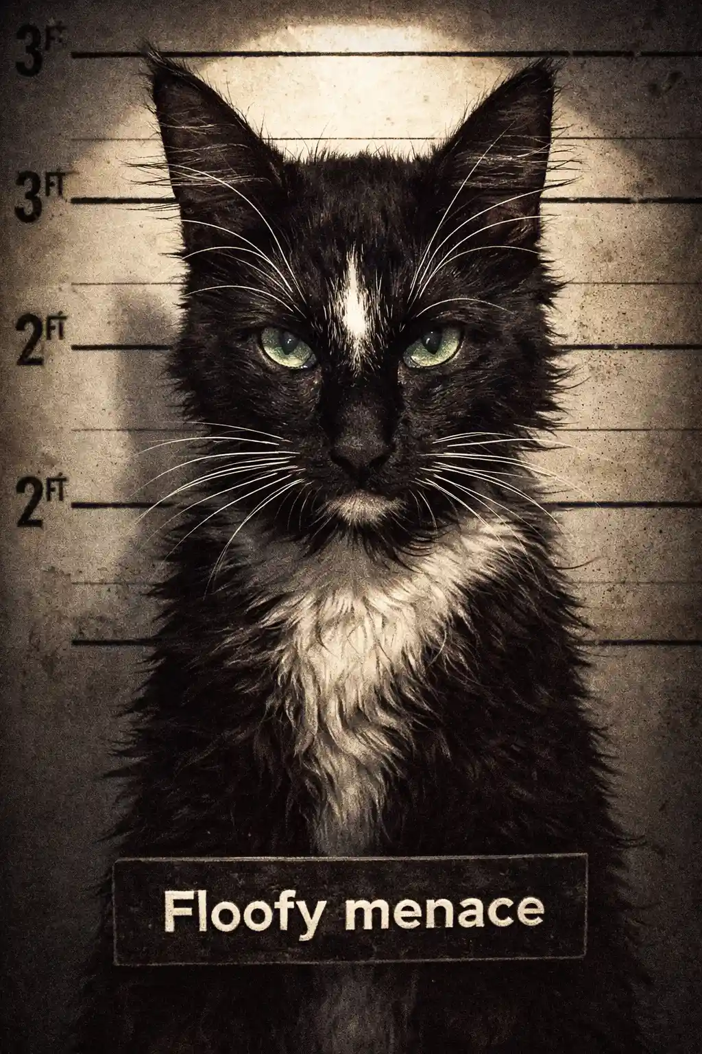 Mischievous cartoon cat mugshot under harsh overhead light