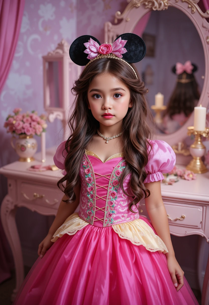 Young boy in princess costume posing at a Disneyland vanity