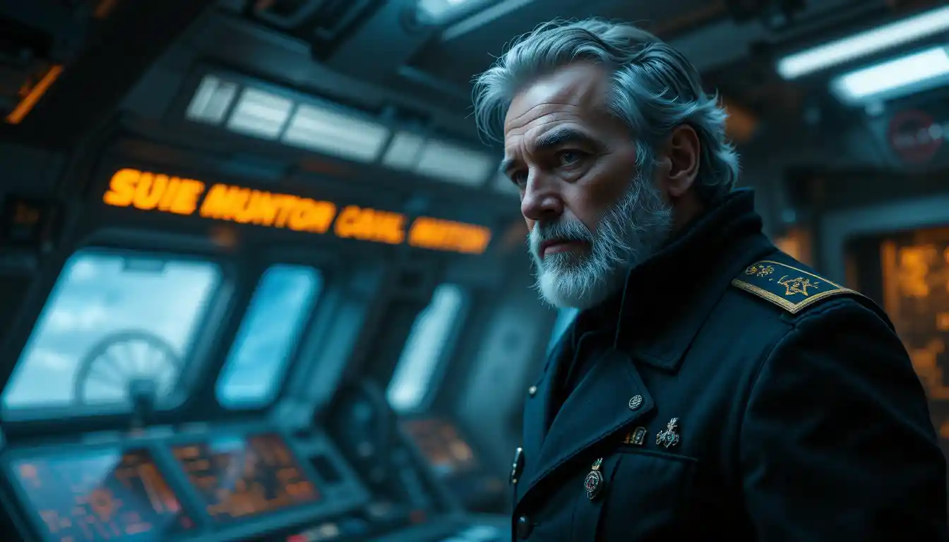 Brooding starship commander on a dark cosmic bridge