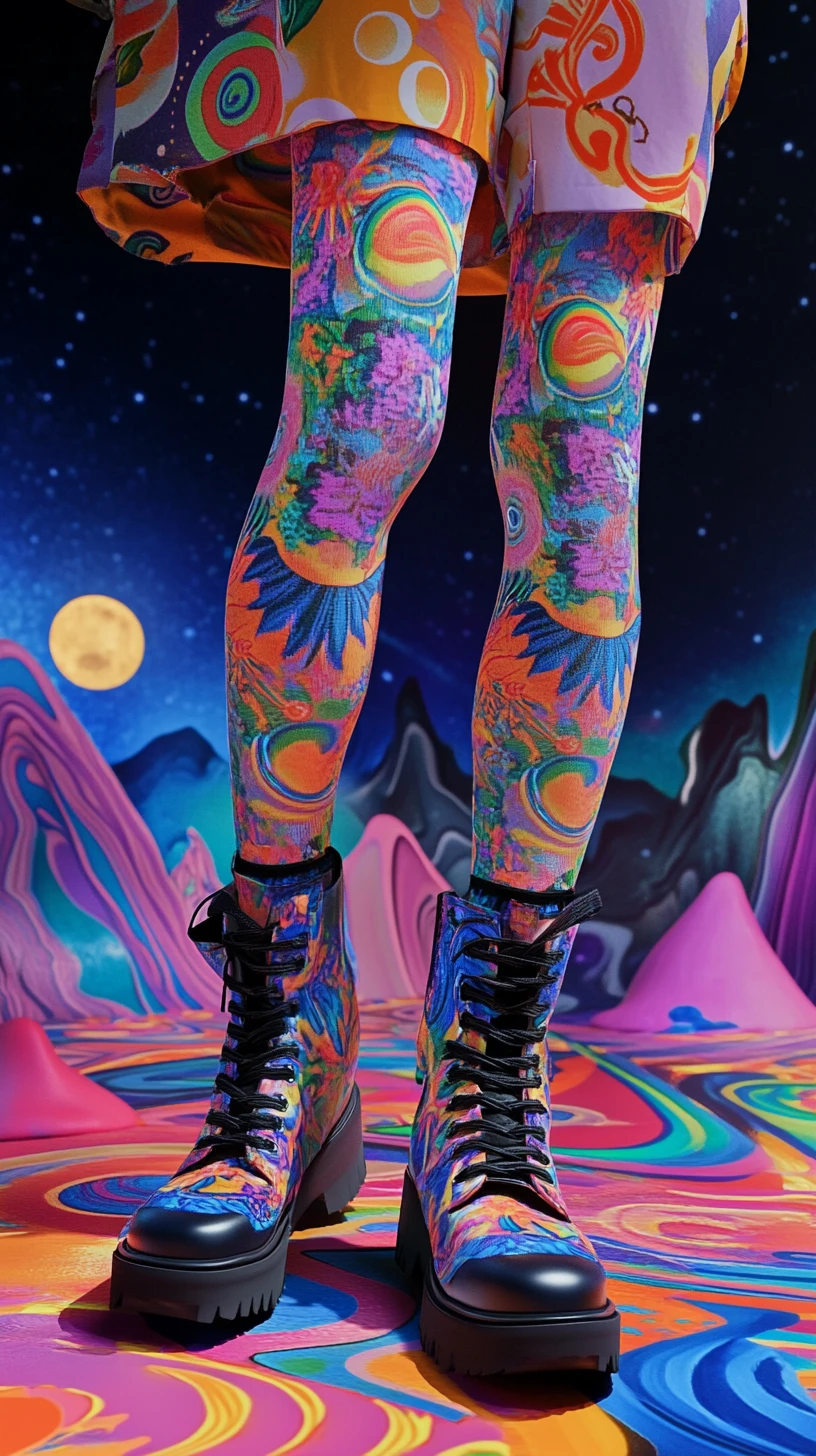 Psychedelic close up of patterned shoes in mystic night