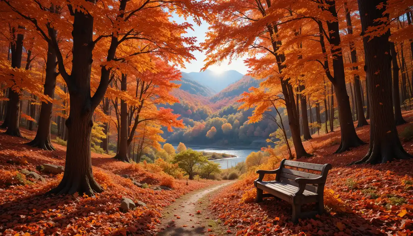 Sunlit autumn forest path lined with fiery maple trees
