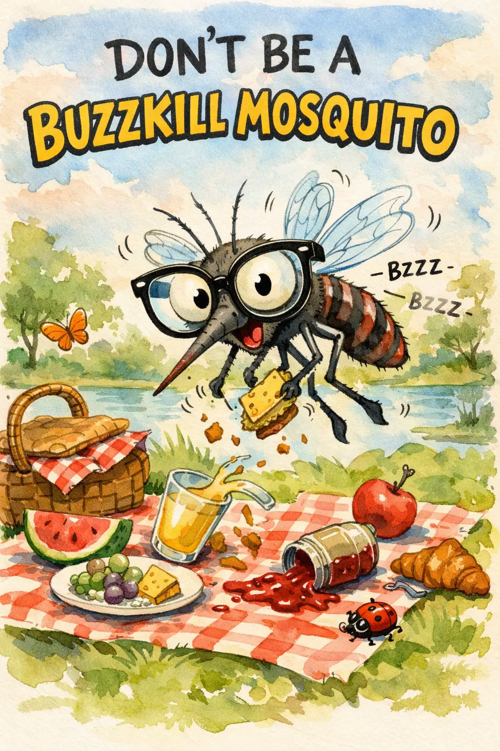 Zeichentrick-Moskito mit Brille ruiniert ein friedliches Picknick