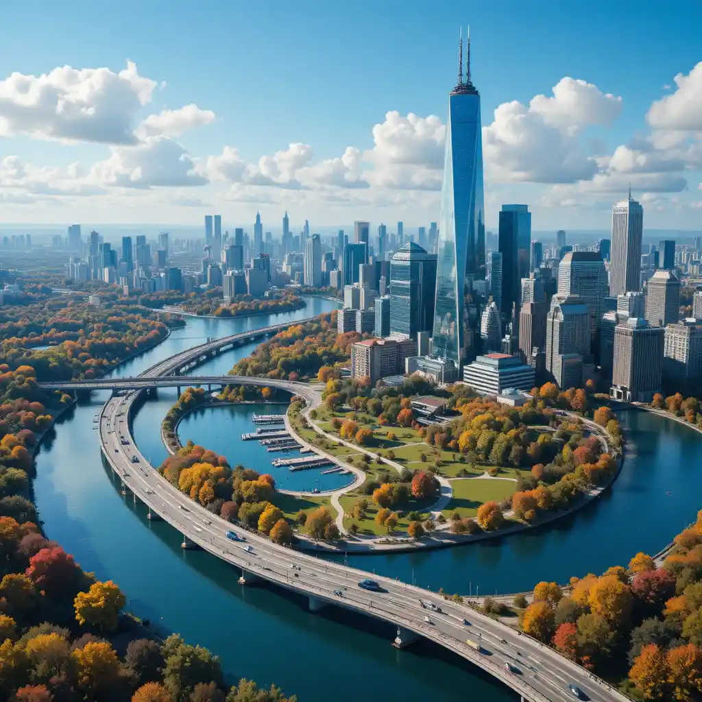 Moderne Stadtskyline mit Flussautobahnen und Herbstpark