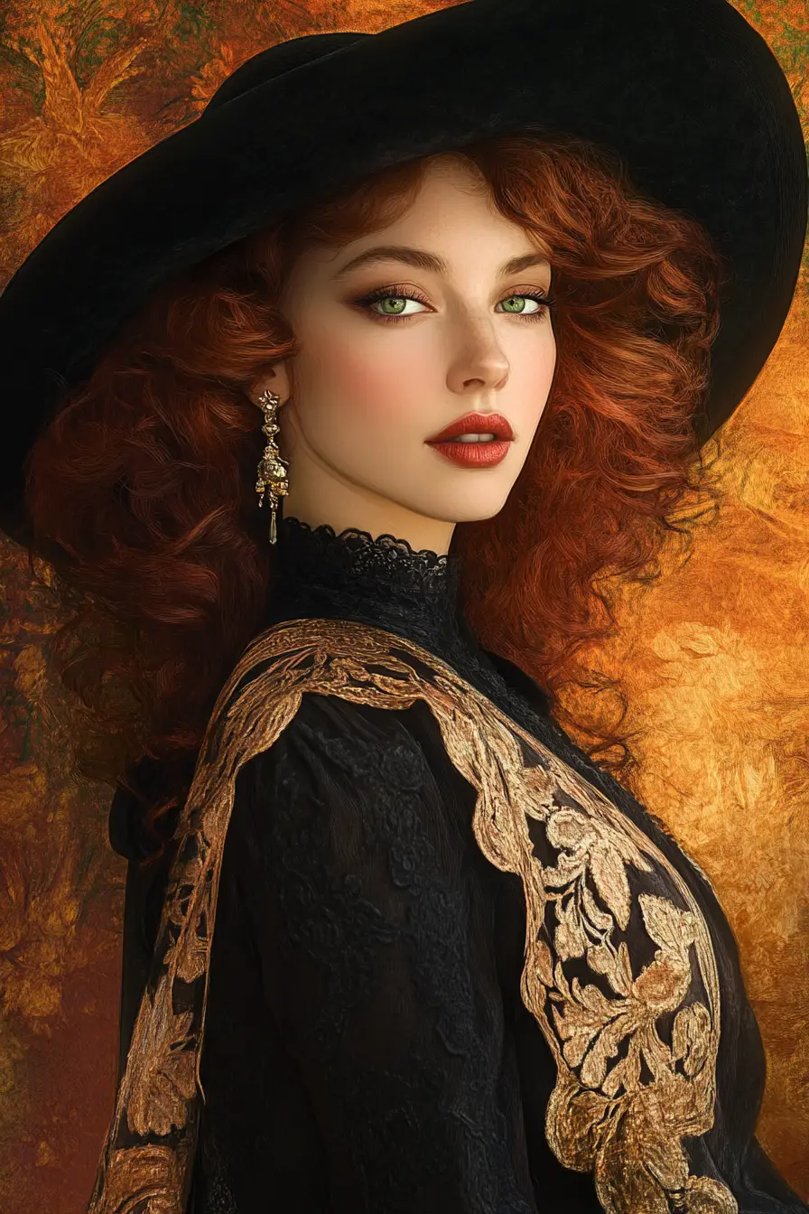 Elegante retrato art nouveau de una mujer con sombrero negro