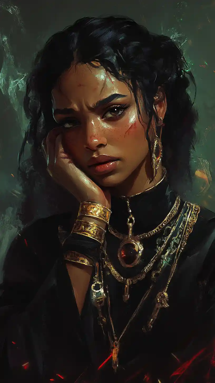 Crying witch clutching bloodstained coins in a dark curse