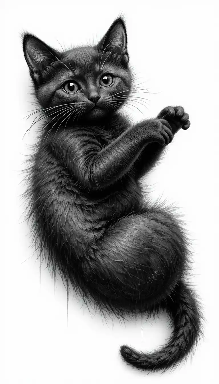Charcoal close up of black kitten with heart hand gesture