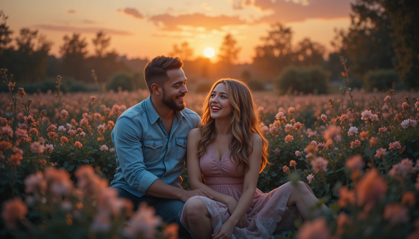 Laughing father and daughter in a warm sunset garden