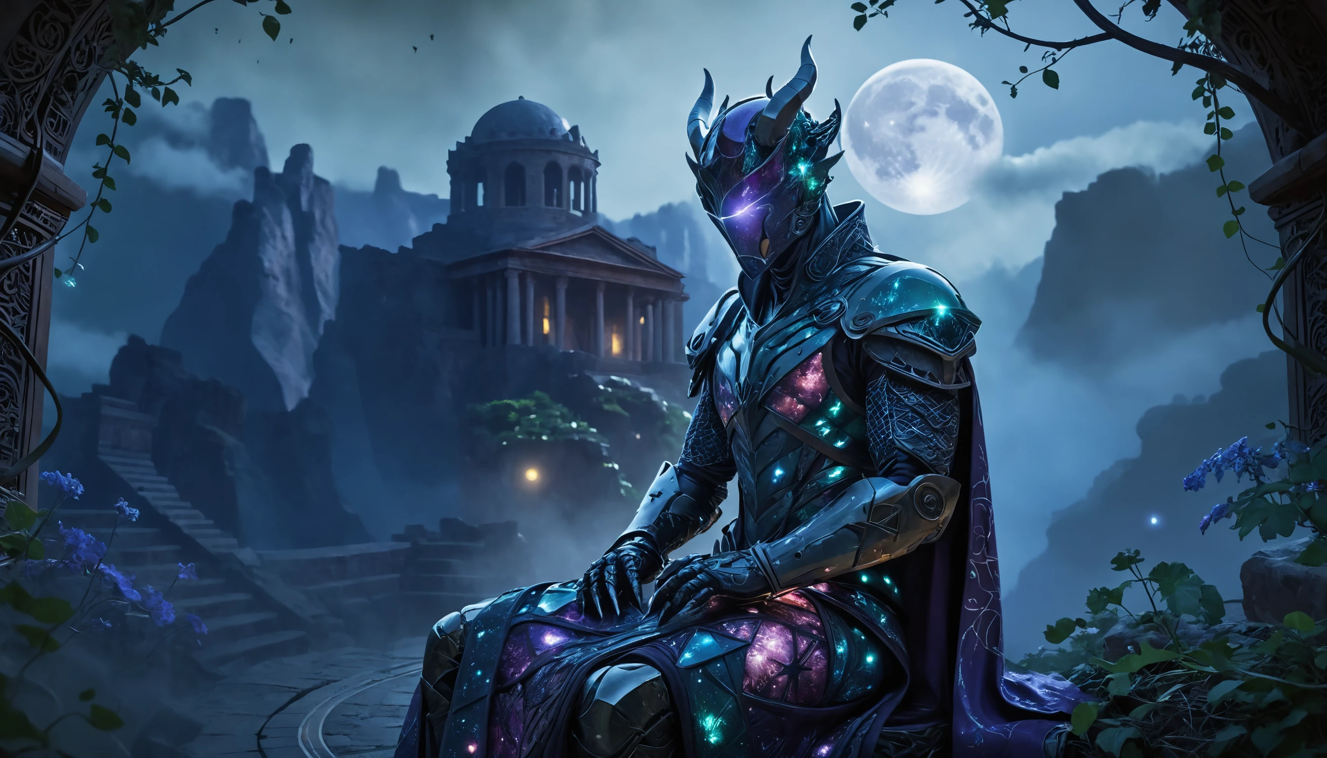 Kristallener Warforged-Druide kniet in mondbeschienener Meditation