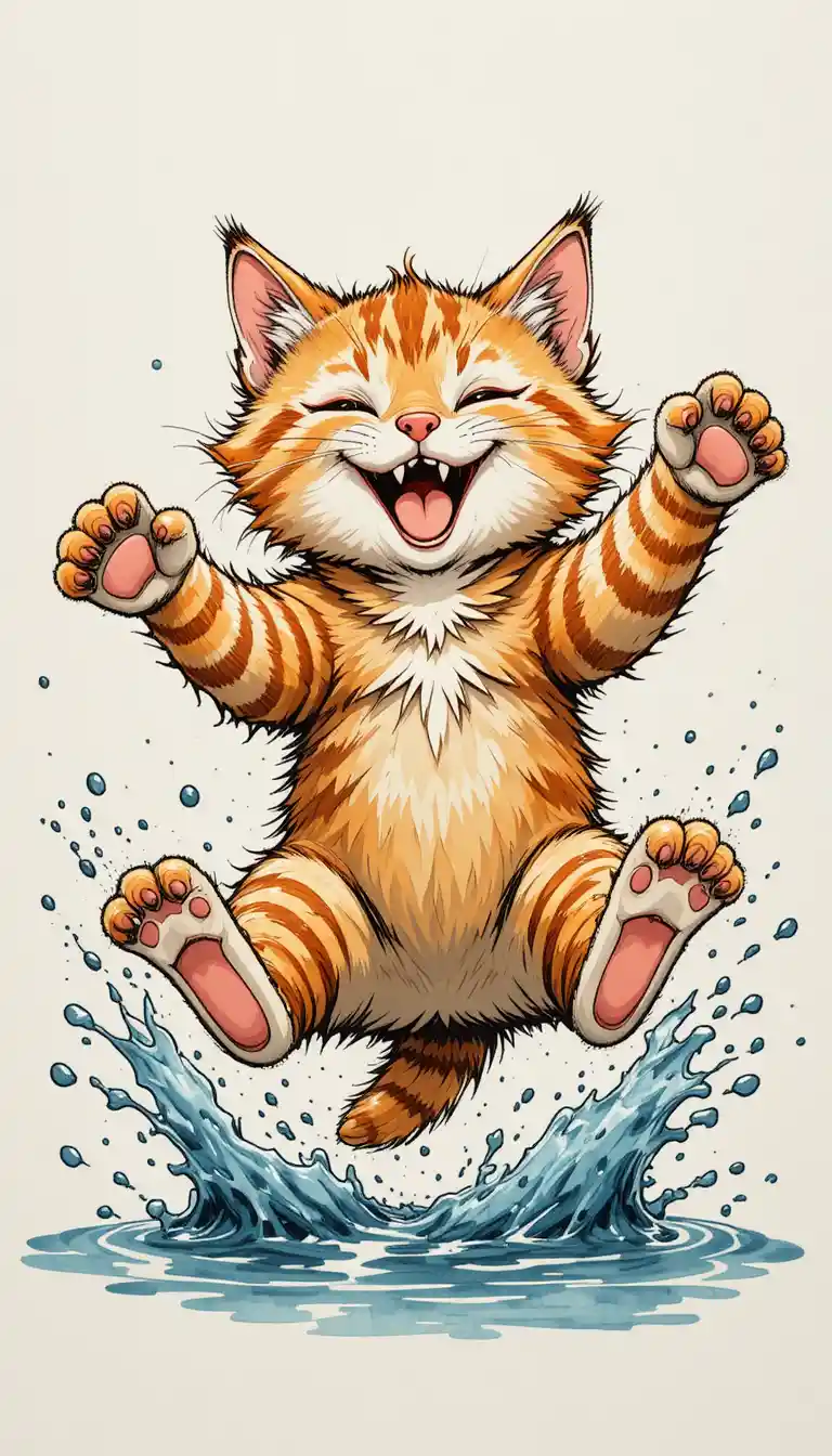 Verspieltes Cartoon-Getigerte-Kätzchen springt durch spritzendes Wasser