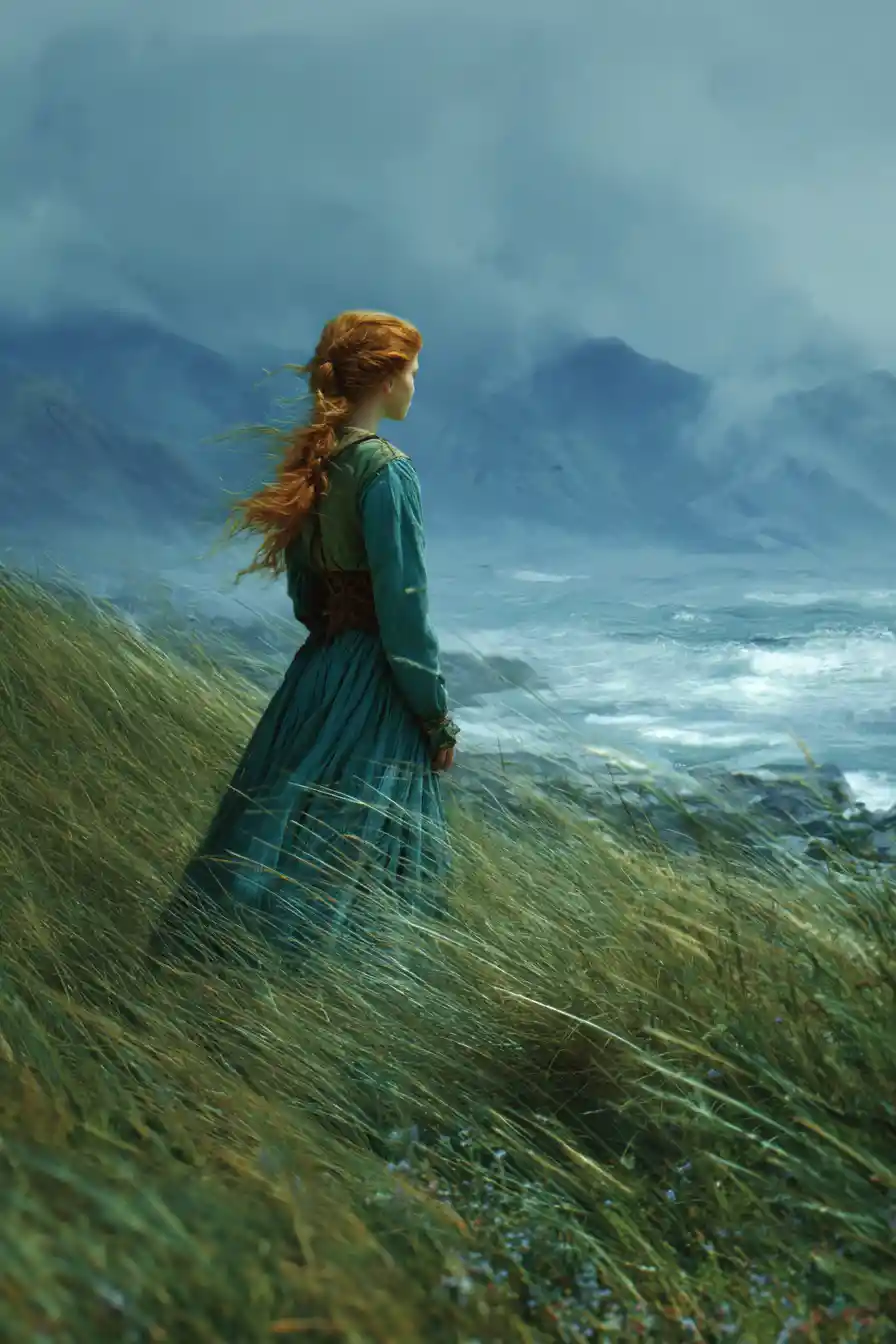 Young maiden guiding a ship through stormy waves