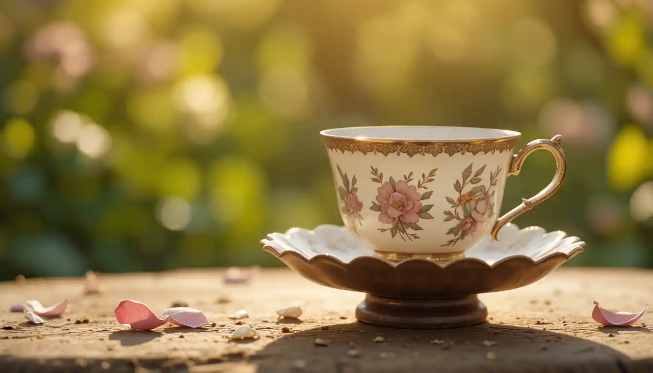 Delicate porcelain teacup on wooden saucer in morning garden