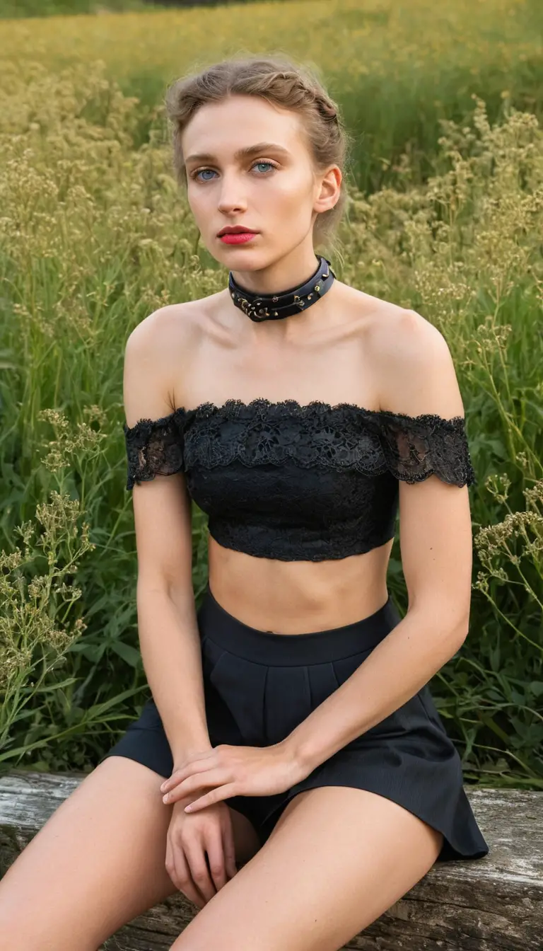 Giovane donna sensuale con crop top su panchina di legno