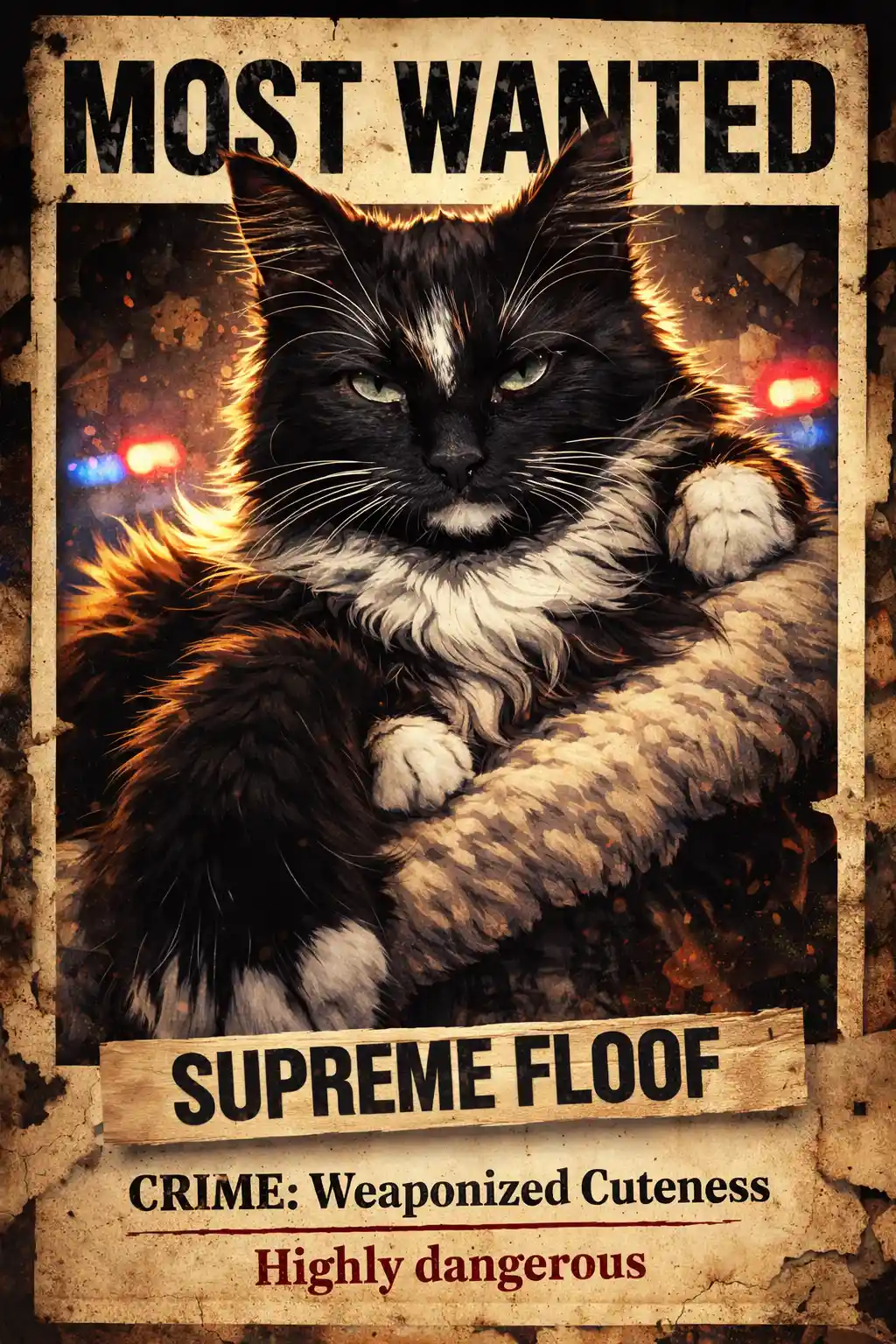 Cinematic most wanted poster of a fluffy smug cat portrait