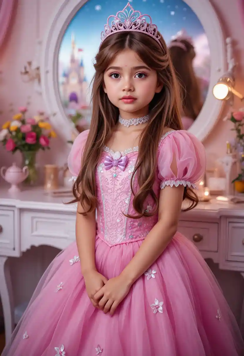 Giovane ragazzo in costume da principessa che posa alla toelette di Disneyland