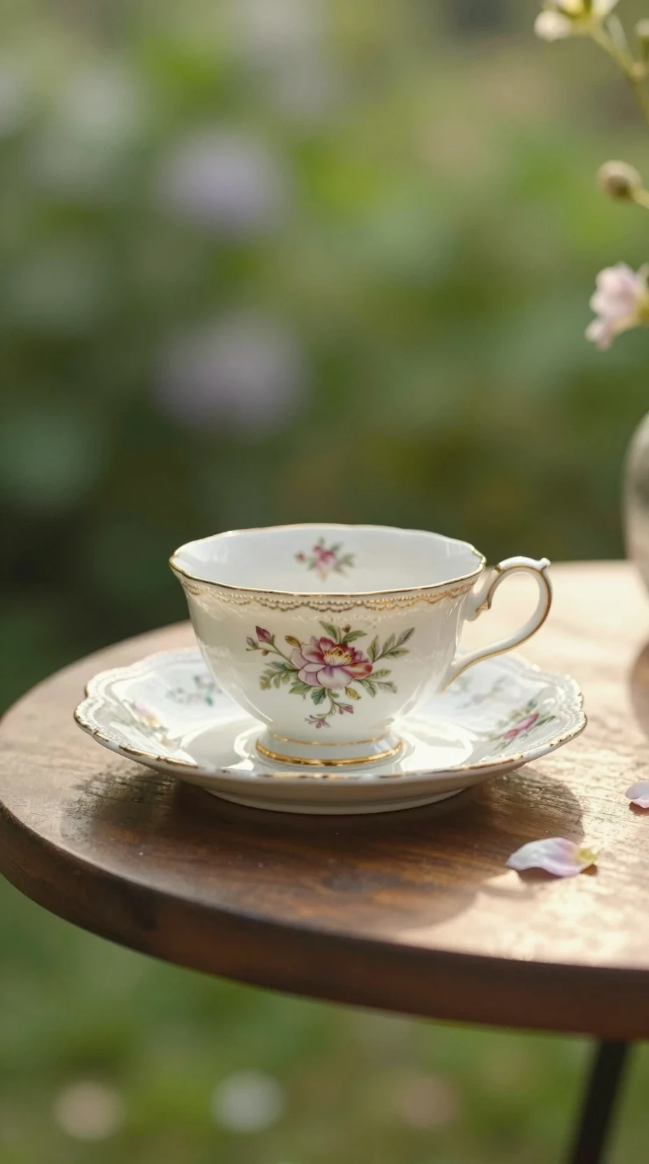 陽光下木製茶托上的復古瓷茶杯