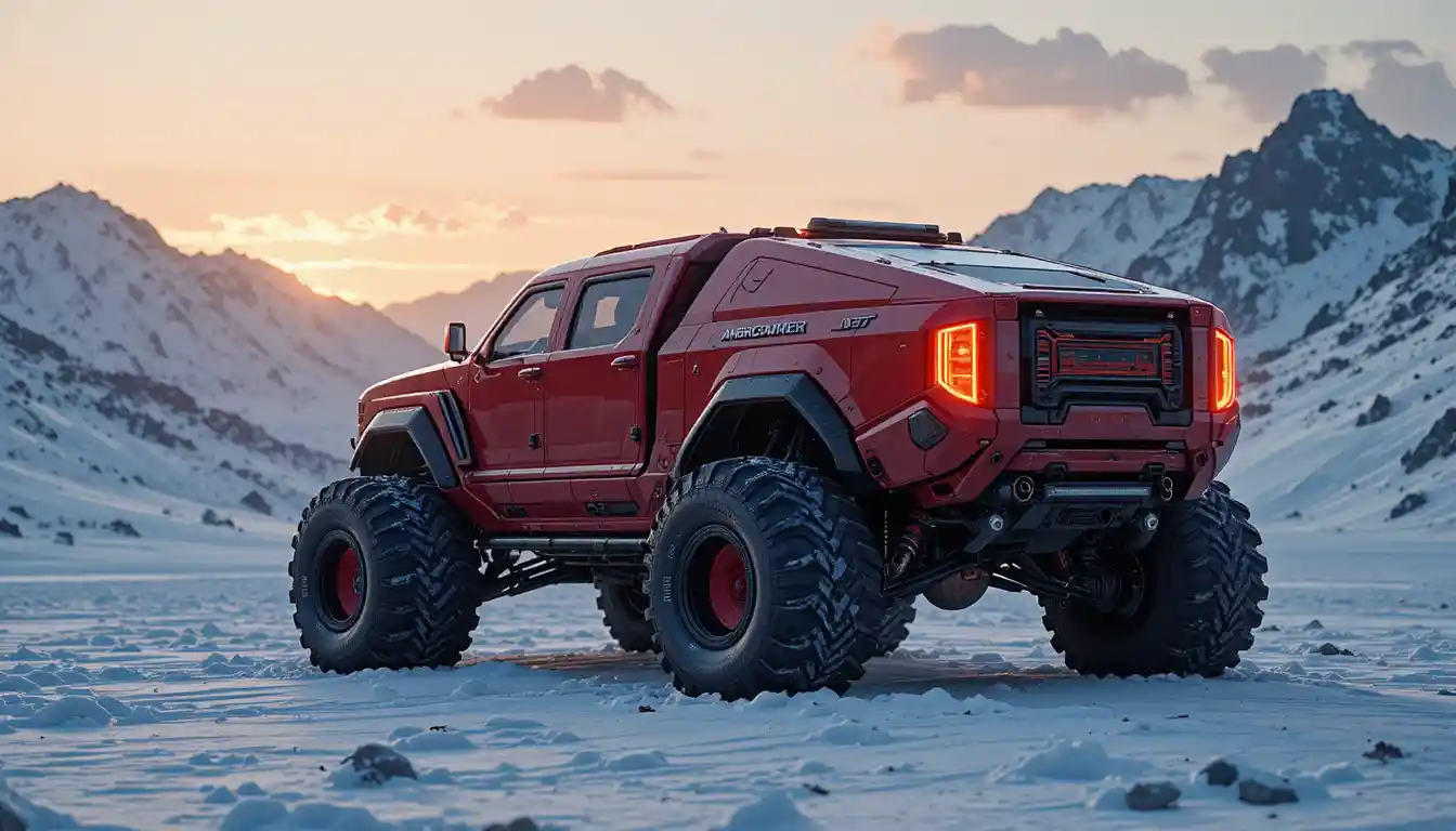 Futuristic Armored Vehicle Crossing Snowy Mountain Landscape