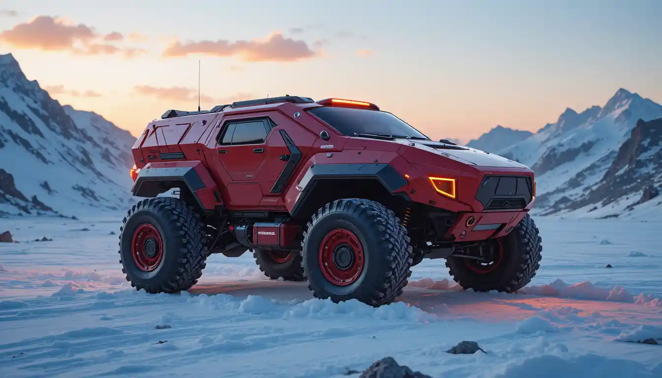 Futuristic crimson armored vehicle in snowy mountain sunset