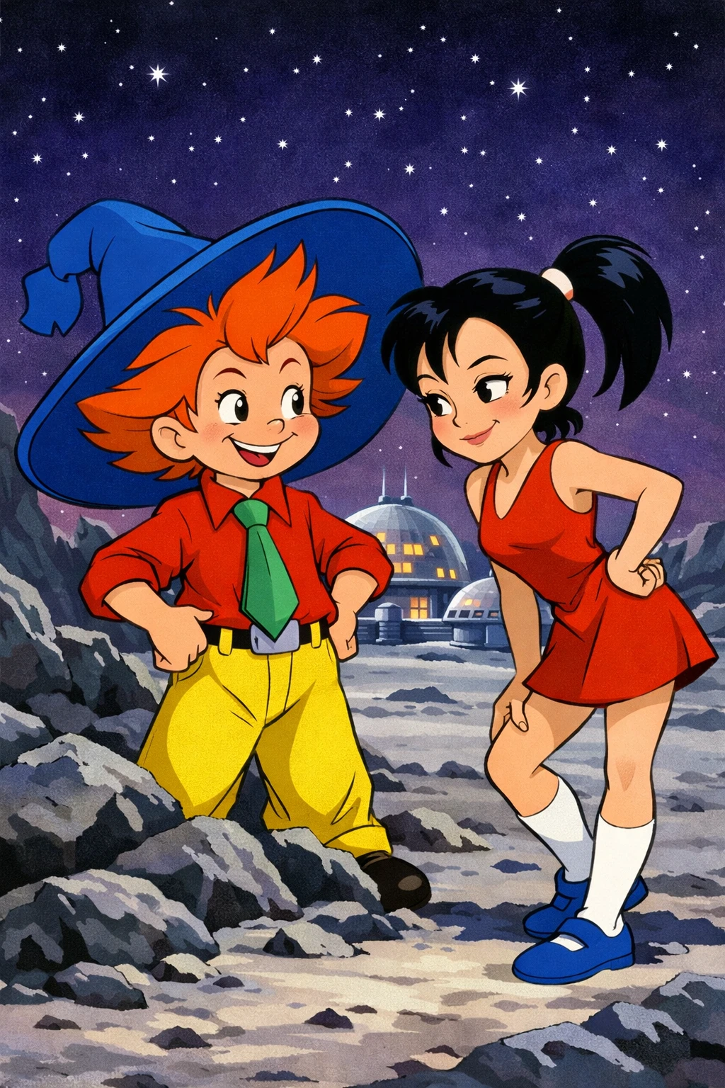 紫色星空下的月球景觀上佇立的動漫雙人組