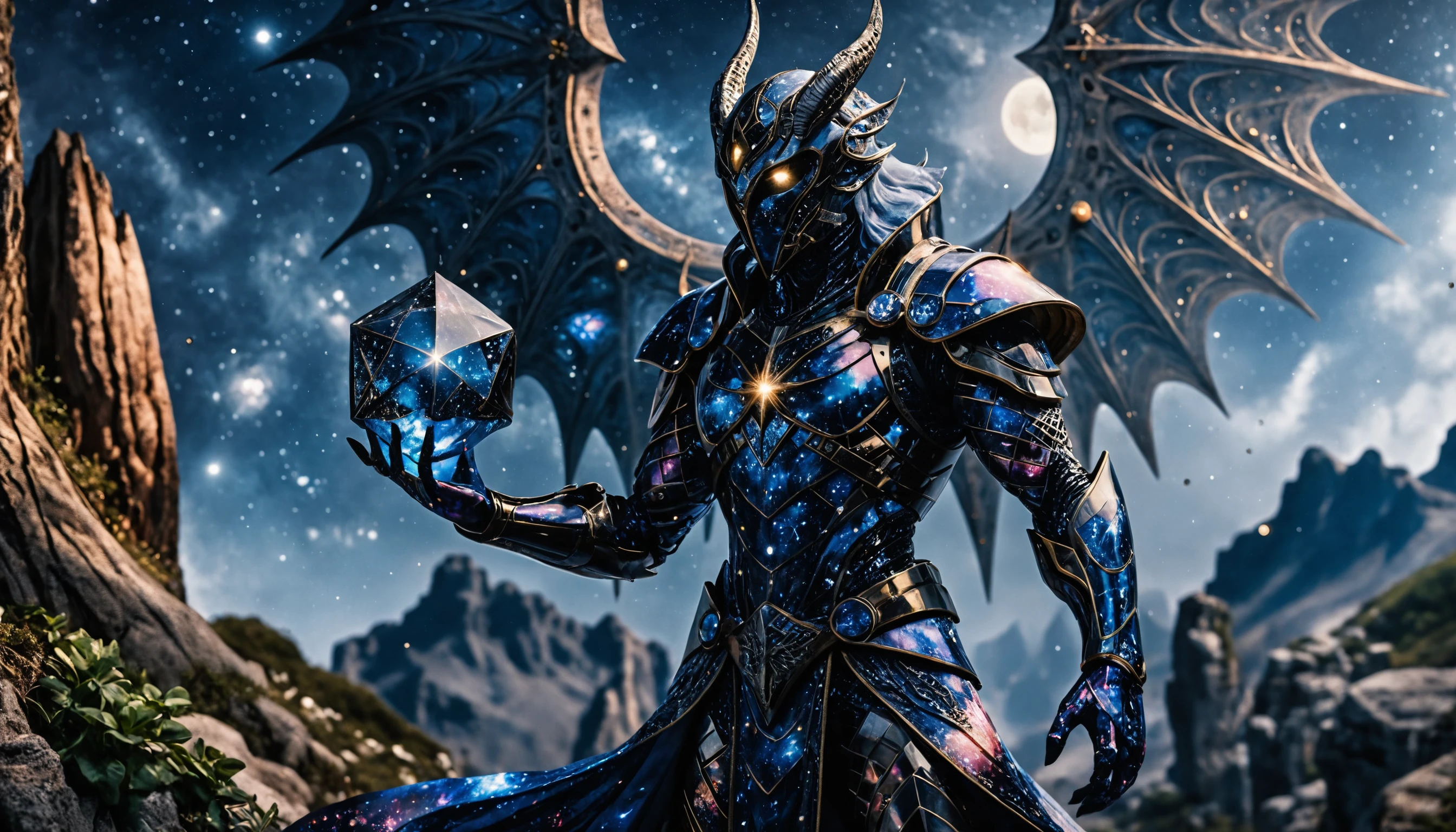 Druido warforged che osserva le stelle su un antico ziggurat illuminato dalla luna