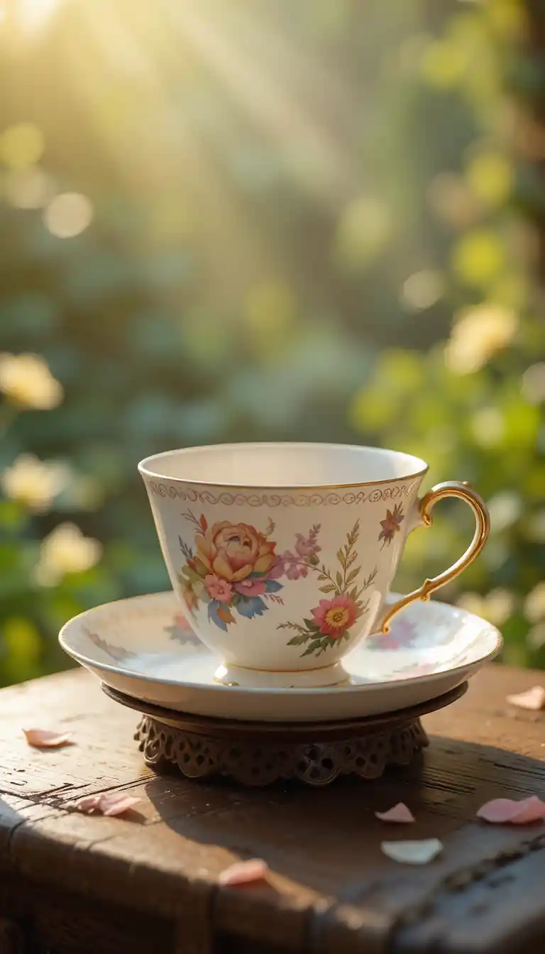 Antique porcelain teacup in warm morning garden light