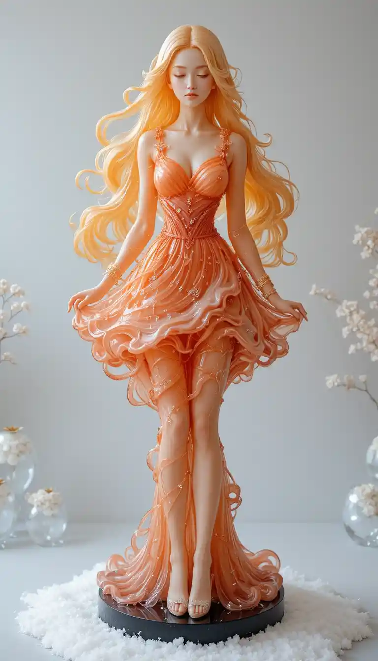 Elegant glass statue with spiral hair and crystal shoes
