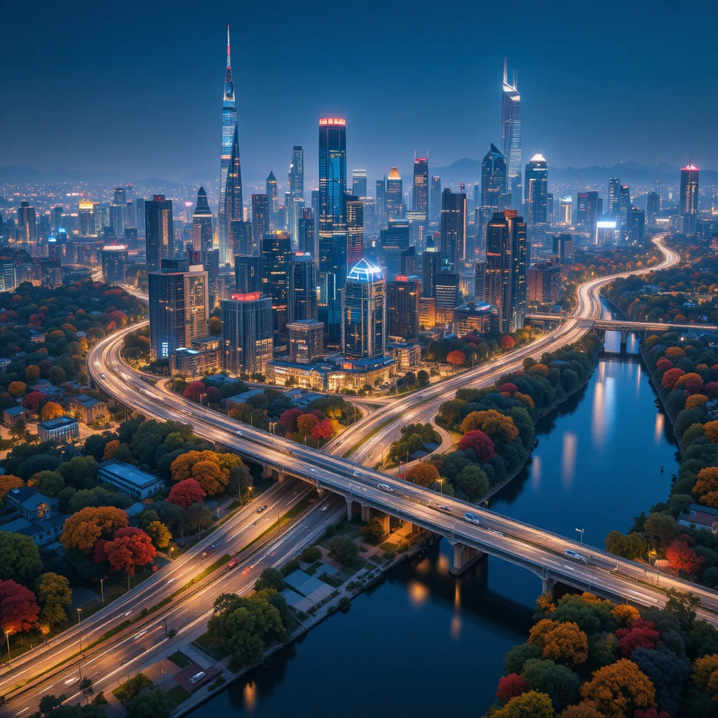Lebendige moderne Stadtsilhouette mit Flussufern und Autobahnen bei Nacht